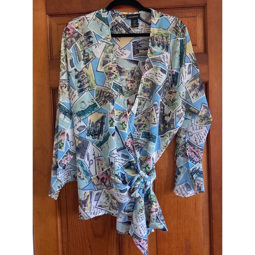 Lane Bryant Womens 18/20 Blue Postcard Print Wrap Surplice Blouse Top Sheer Boho
